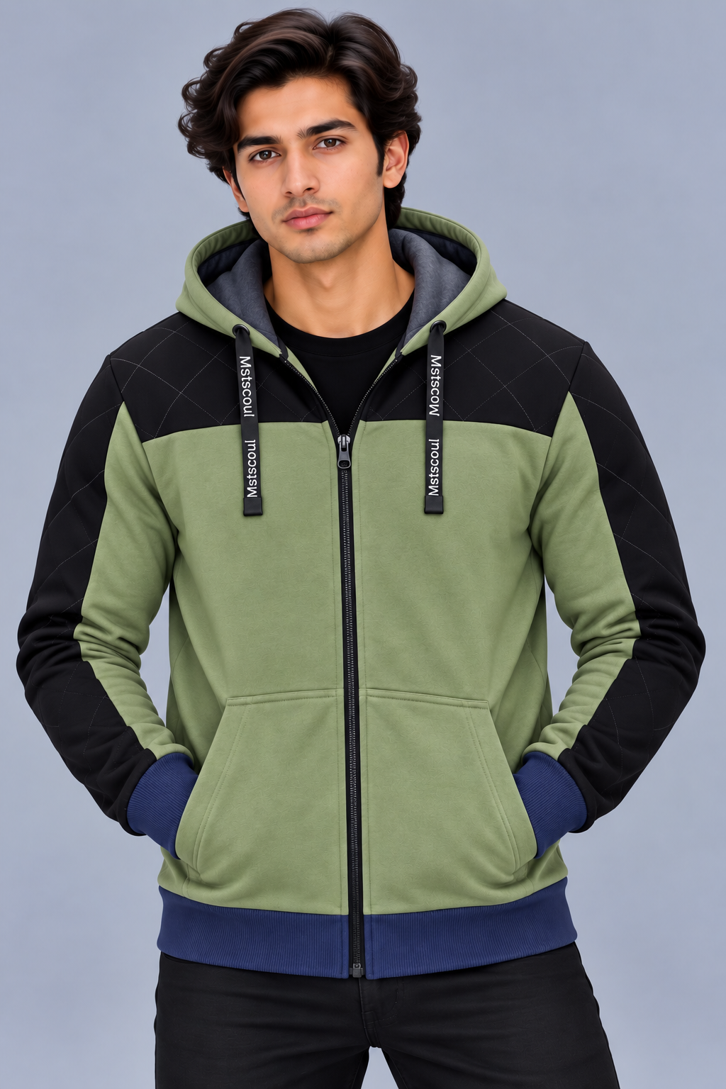 Premium Sage Green & Black Quilted Color Block Zip-Up Hoodie-Sage Green-MU45