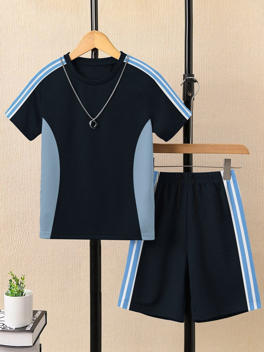 Summer T Shirt & Short Suit For Kids-Navy with Sky & Navy, White  Stripe-BE3306/BR15744