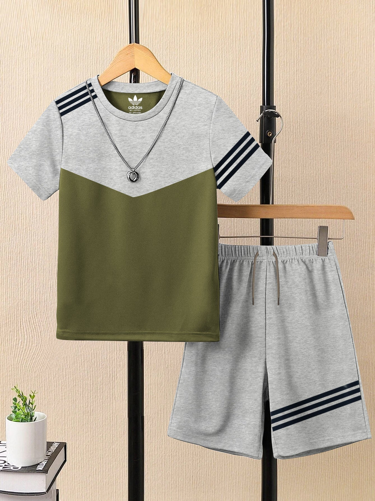 Summer T Shirt & Short Suit For Kids-Olive Green with Grey Melange & Navy Stripe-BE3305/BR15743