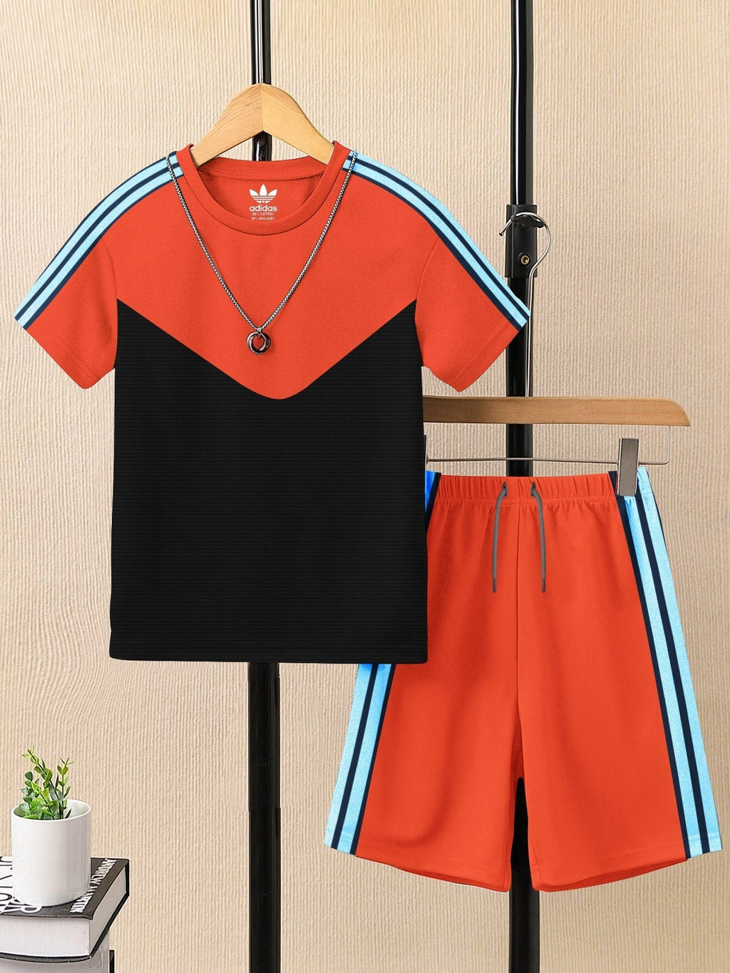 Summer T Shirt & Short Suit For Kids-Orange & Black Lining with Sky,Navy Stripe-BE3311/BR15749