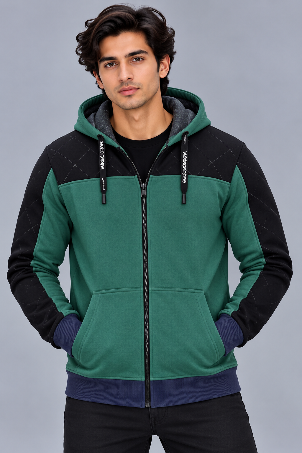 Premium Teal Green & Black Quilted Color Block Zip-Up Hoodie -Teal Green-MU44