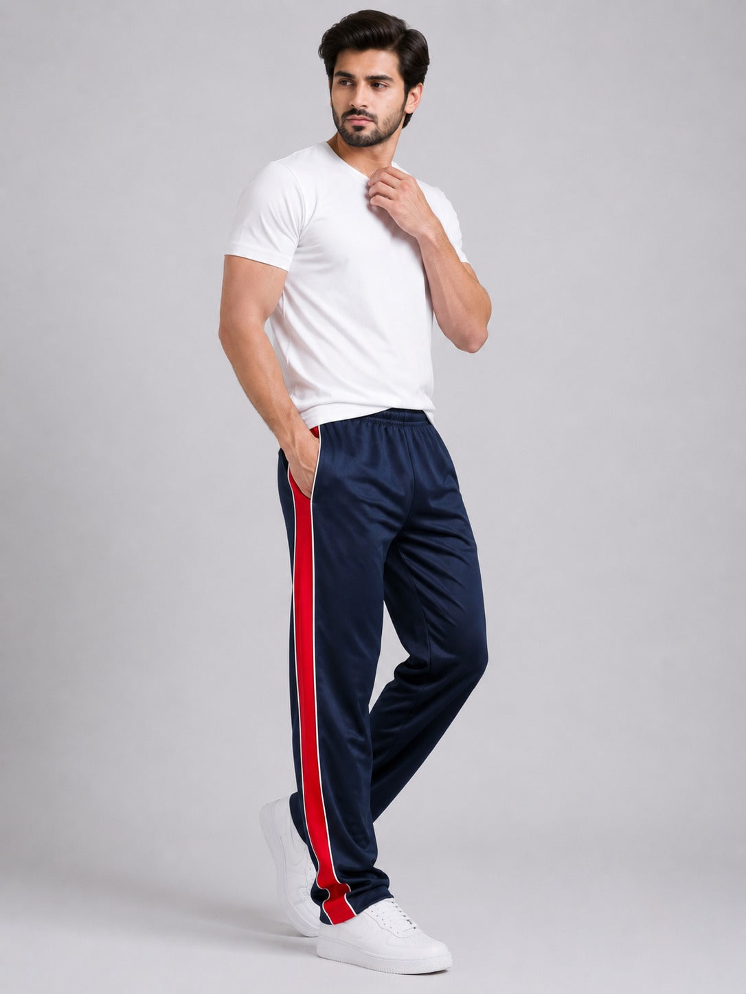 Stylish Regular Fit Summer Trouser For Men-Navy With Red & White Stripers-A07