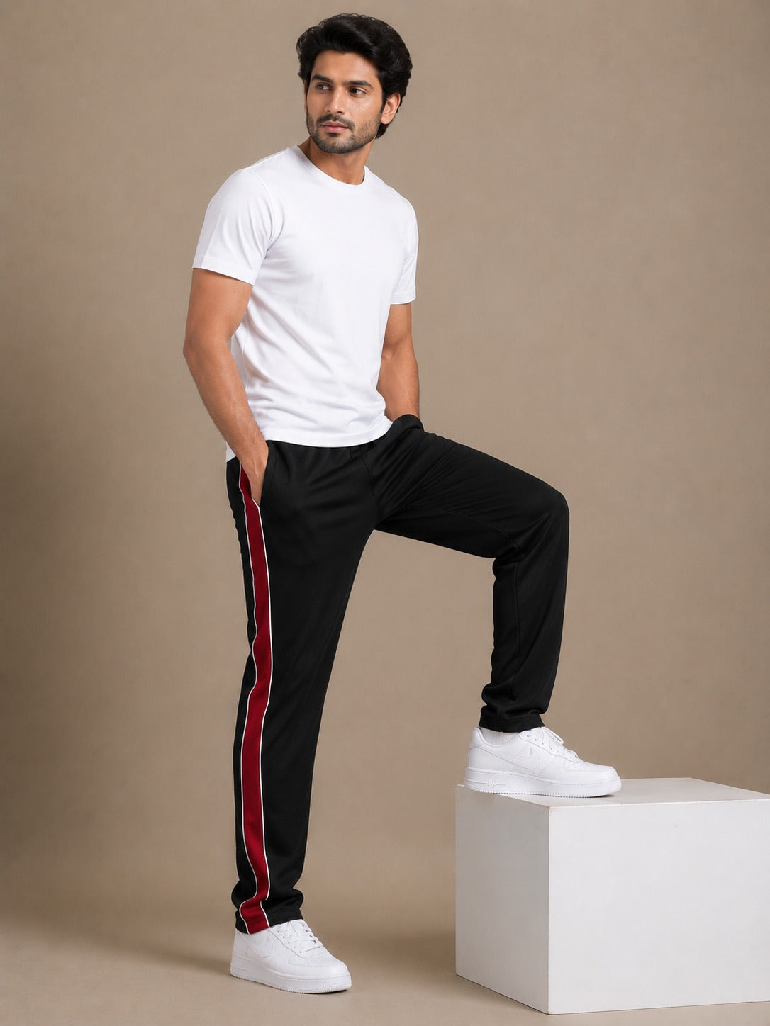 Stylish Regular Fit Summer Trouser For Men-Black With Red Stripers-A04