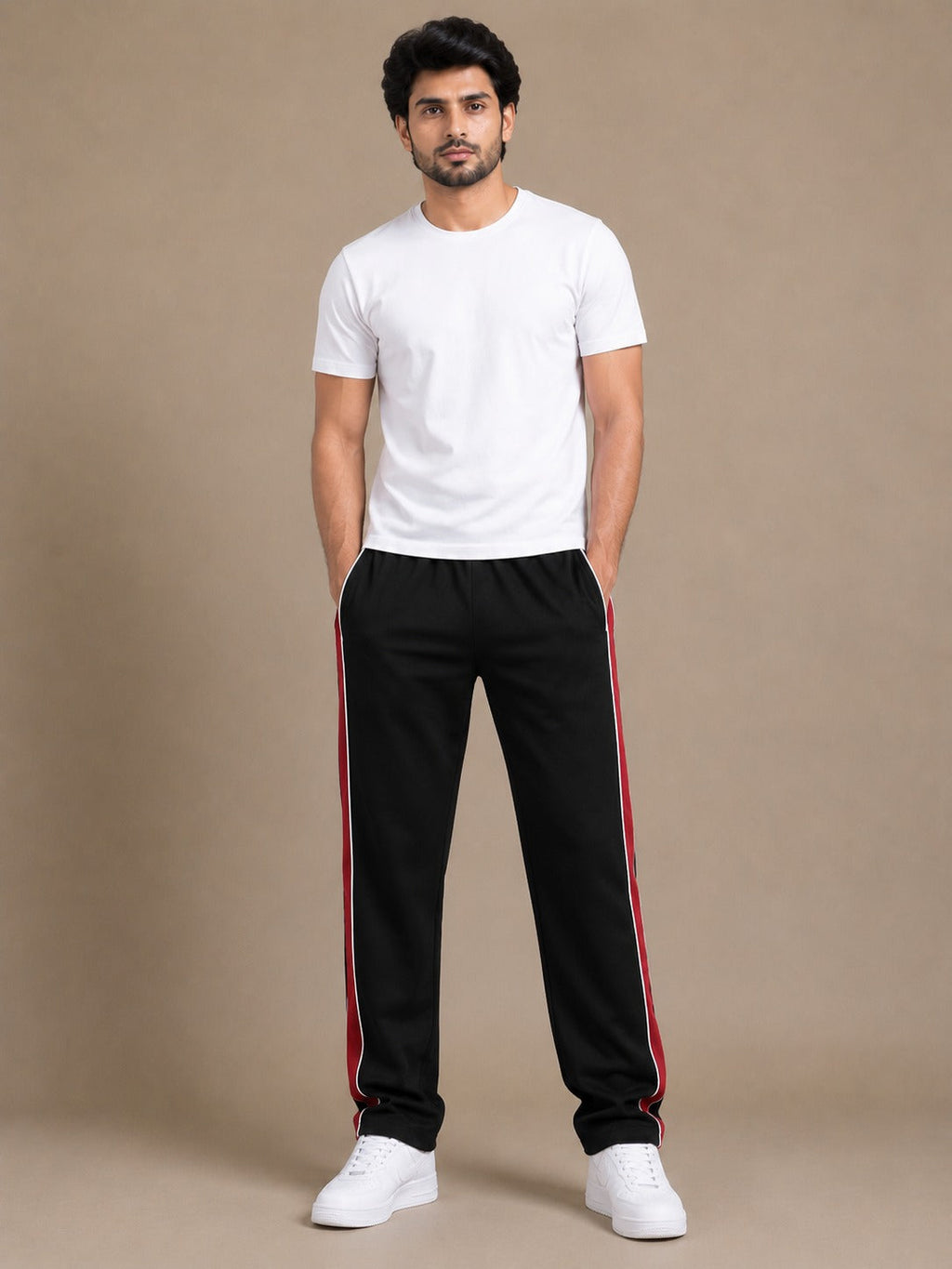 Stylish Regular Fit Summer Trouser For Men-Black With Red Stripers-A04