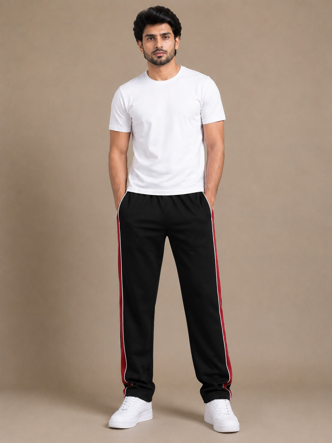 Stylish Regular Fit Summer Trouser For Men-Black With Red Stripers-A04