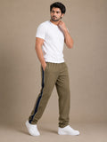 Stylish Regular Fit Summer Trouser For Men-Olive With Navy Stripers-A05