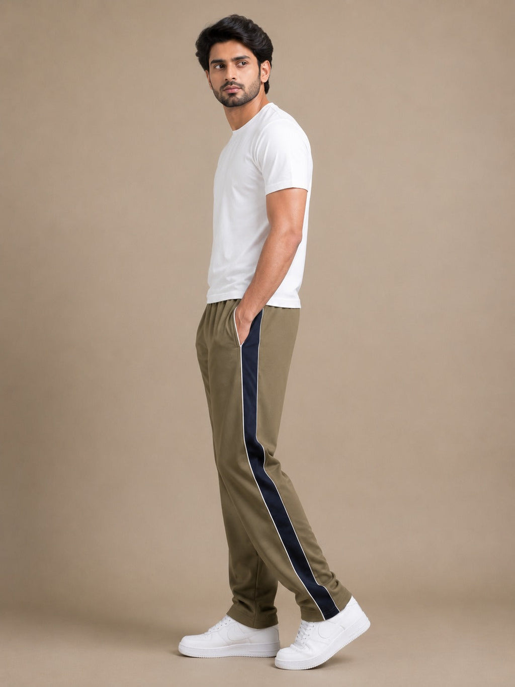 Stylish Regular Fit Summer Trouser For Men-Olive With Navy Stripers-A05