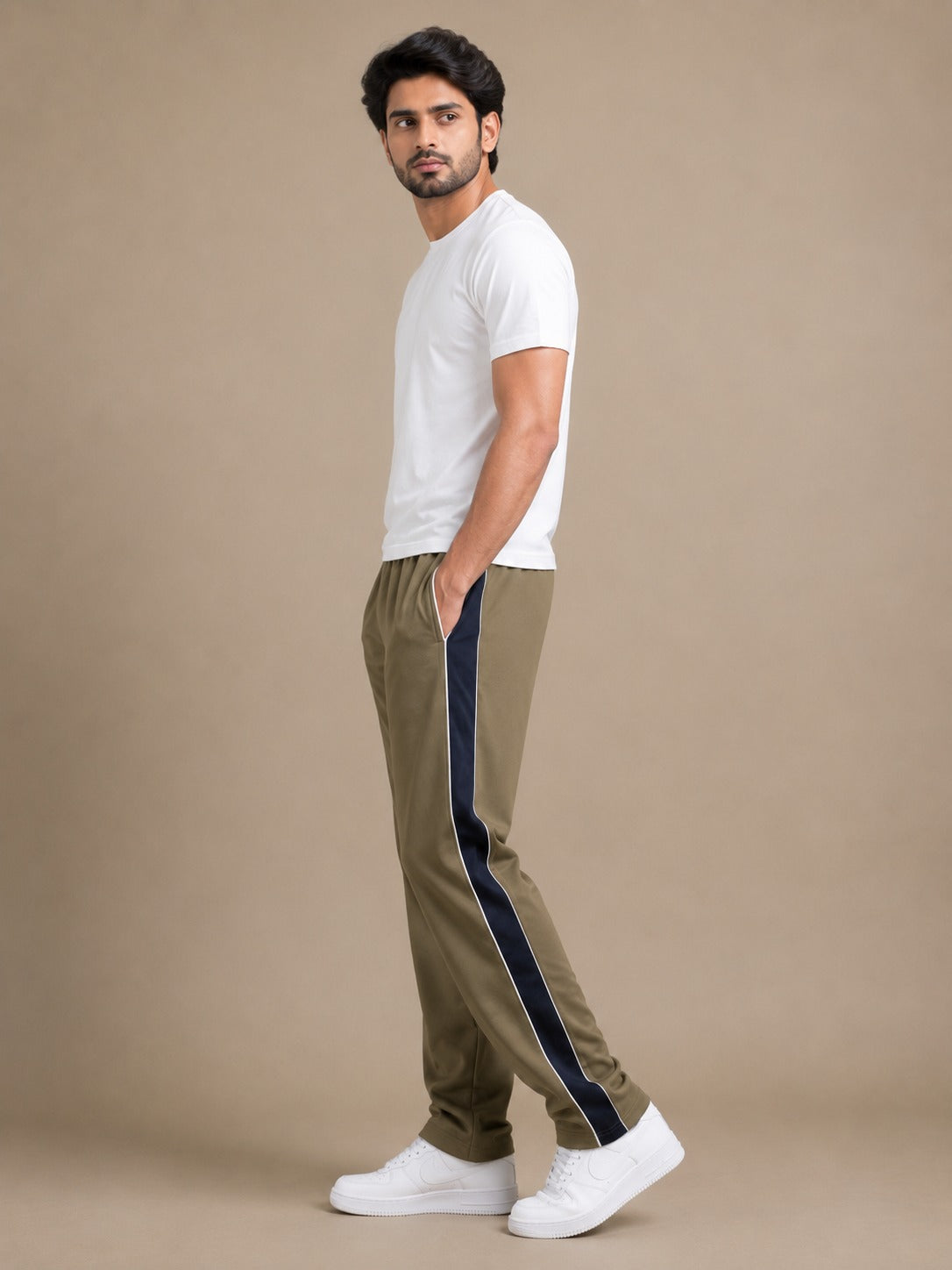 Stylish Regular Fit Summer Trouser For Men-Olive With Navy Stripers-A05