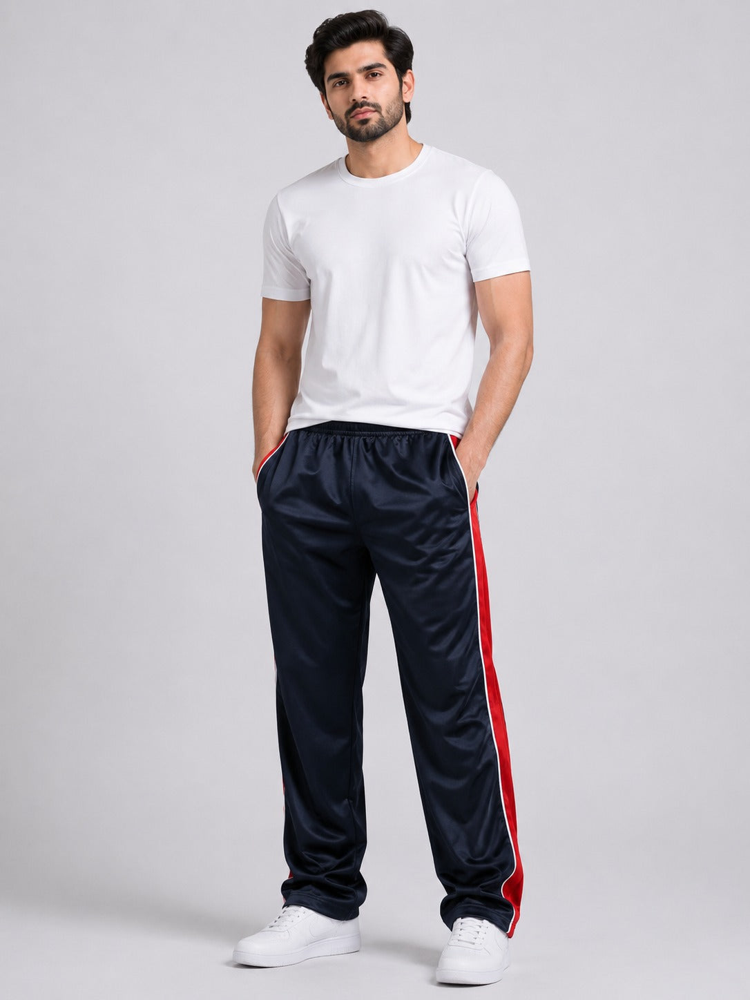 Stylish Regular Fit Summer Trouser For Men-black With Red & White Stripers-A06