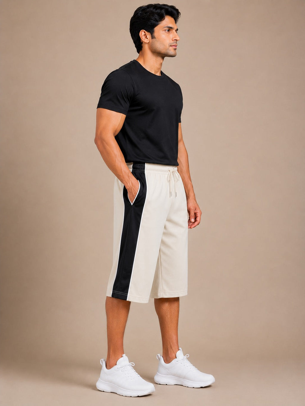 Stylish Knee Length Short For Men-Cream With Navy Stripe-A13