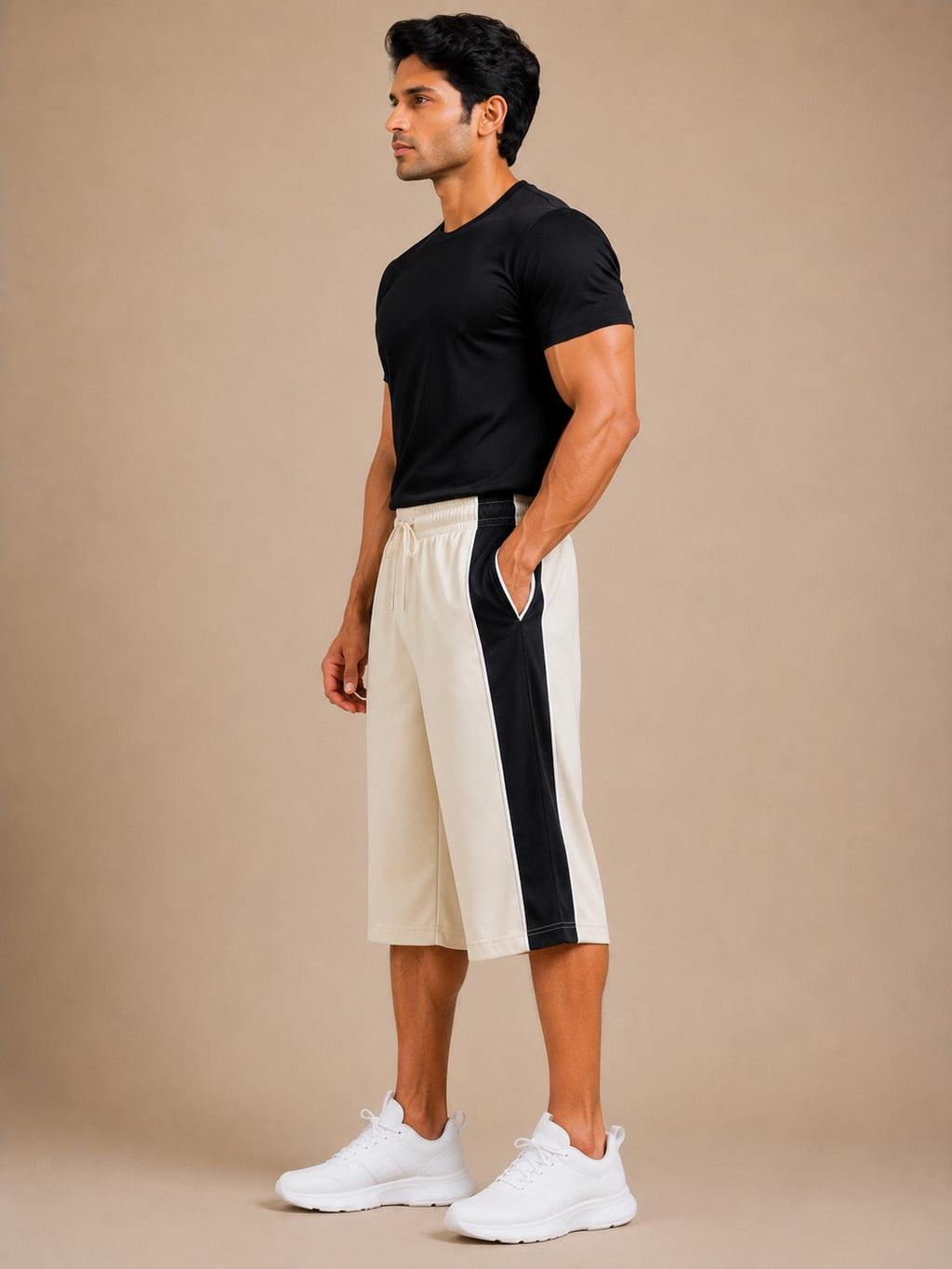 Stylish Knee Length Short For Men-Cream With Navy Stripe-A13