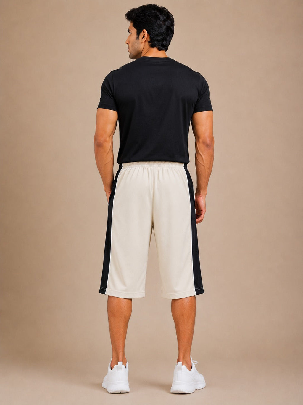 Stylish Knee Length Short For Men-Cream With Navy Stripe-A13
