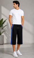 Stylish Knee Length Short For Men- Black With Navy Stripe-A15