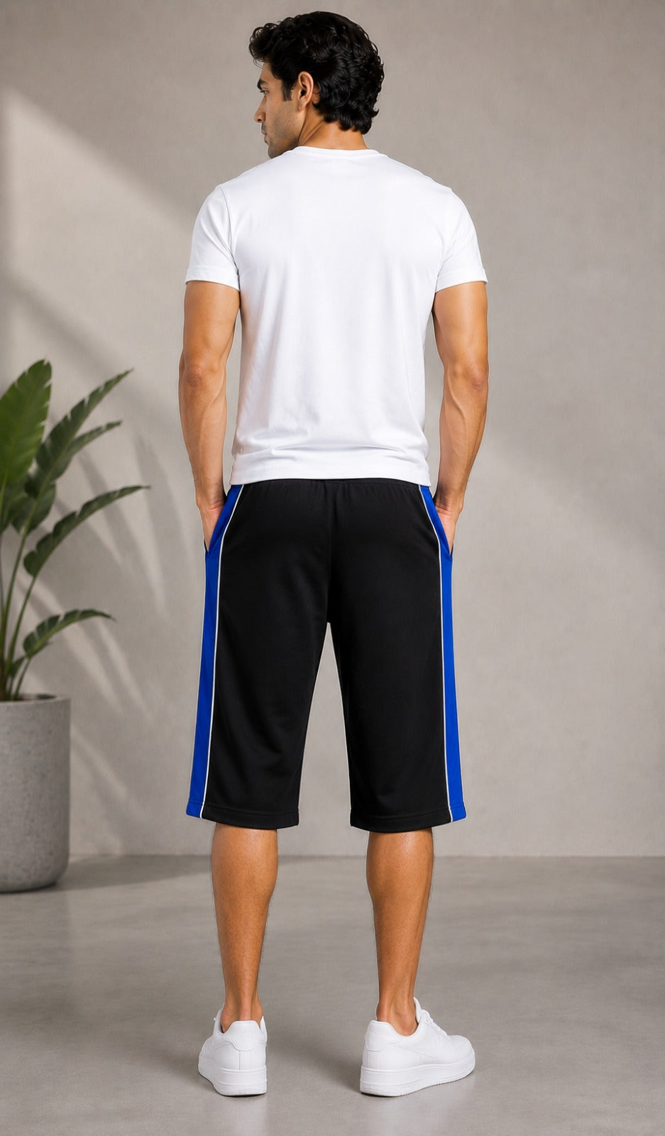 Stylish Knee Length Short For Men- Black With Navy Stripe-A15