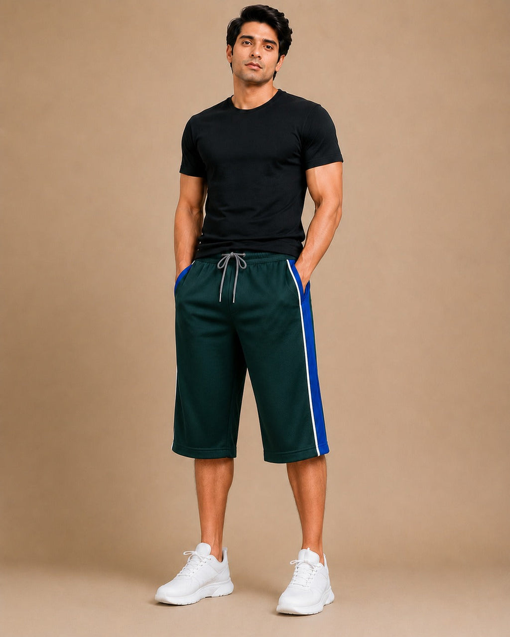 Stylish Knee Length Short For Men-Green With Navy Stripe-A17
