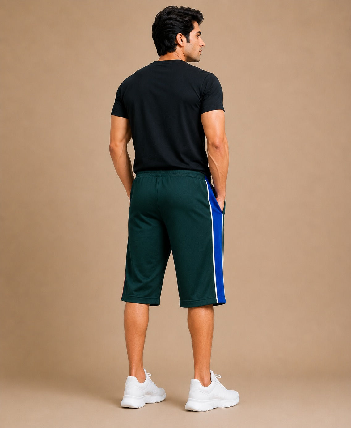 Stylish Knee Length Short For Men-Green With Navy Stripe-A17