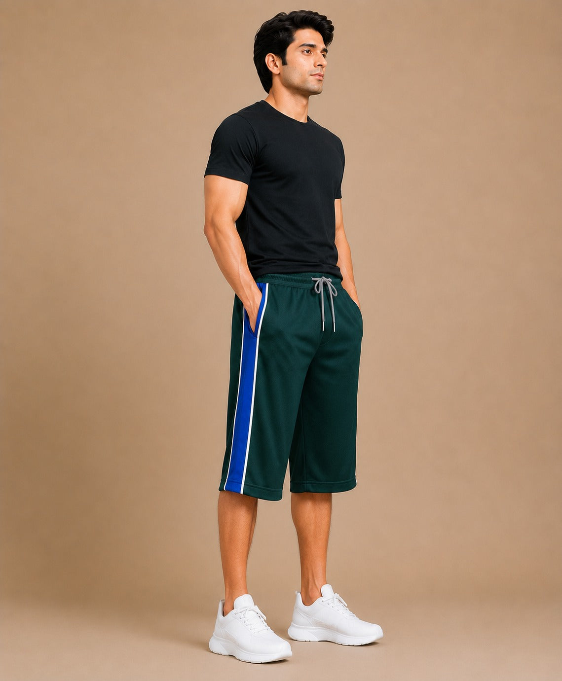 Stylish Knee Length Short For Men-Green With Navy Stripe-A17