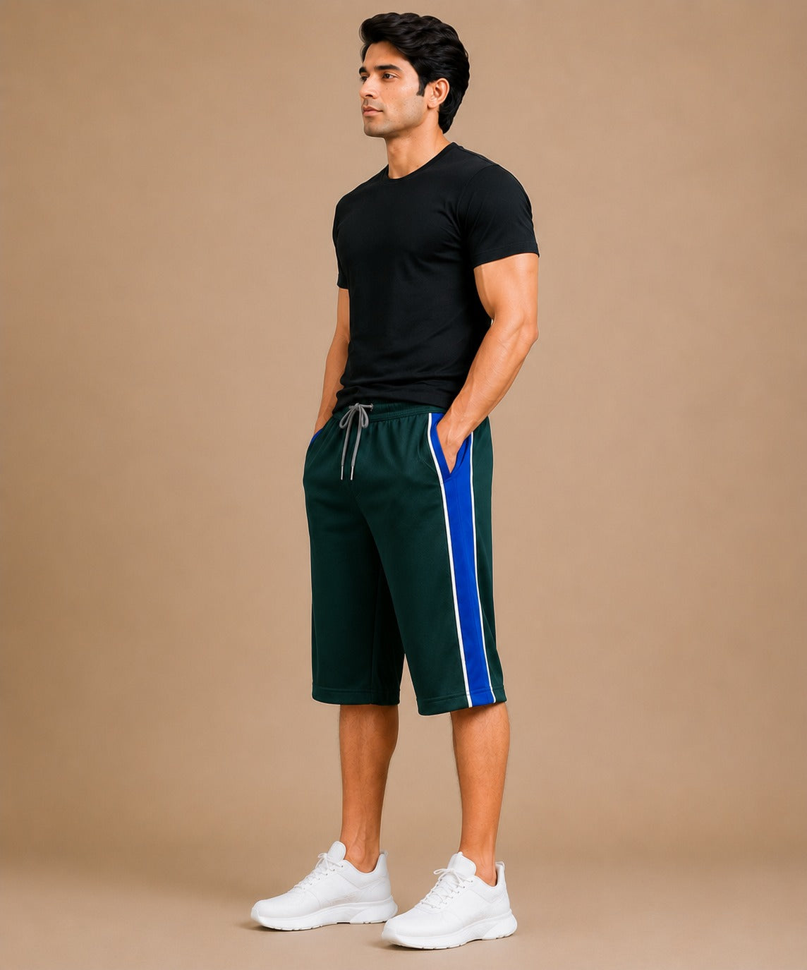 Stylish Knee Length Short For Men-Green With Navy Stripe-A17