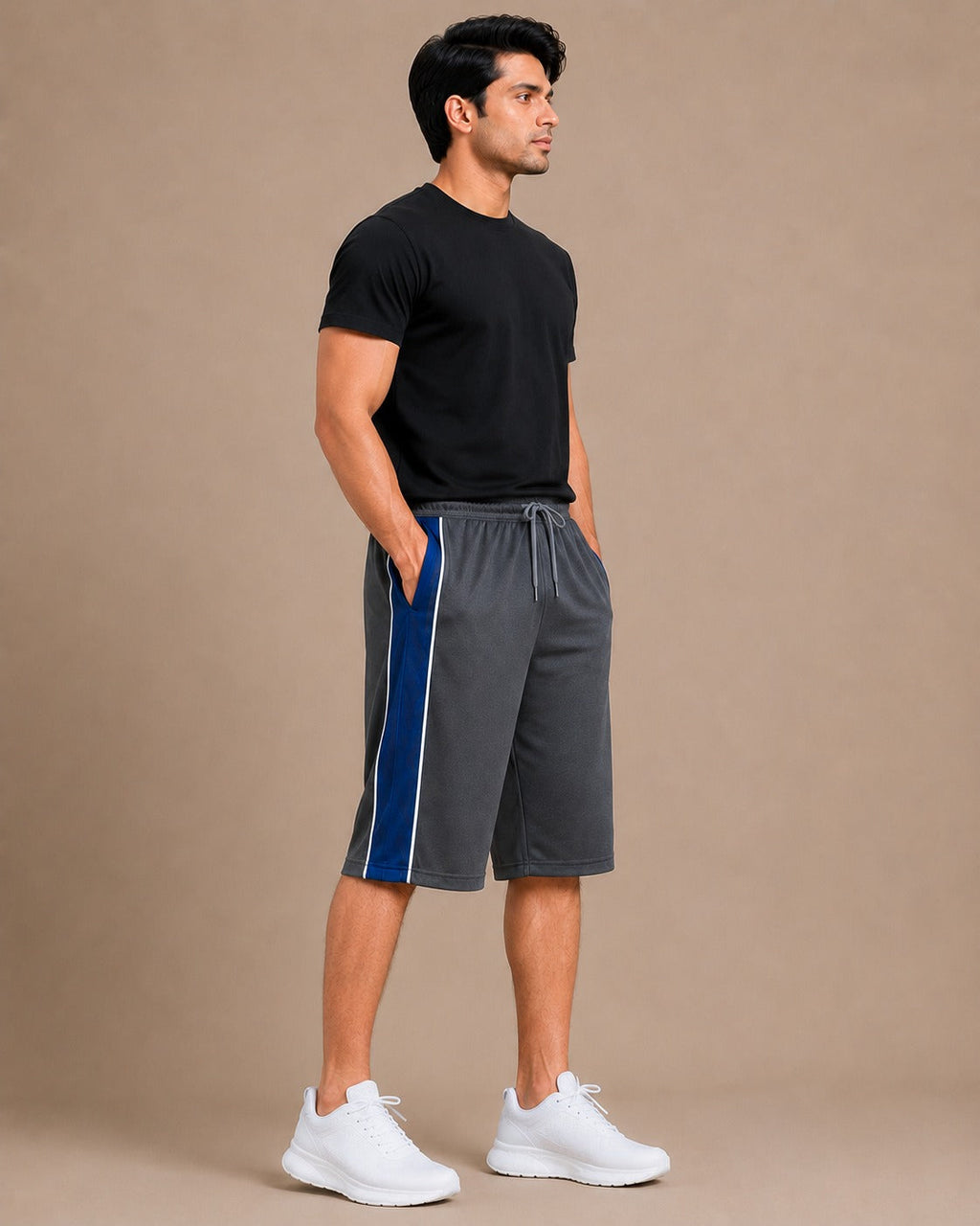 Stylish Knee Length Short For Men-Slate grey With Navy Stripe-A14