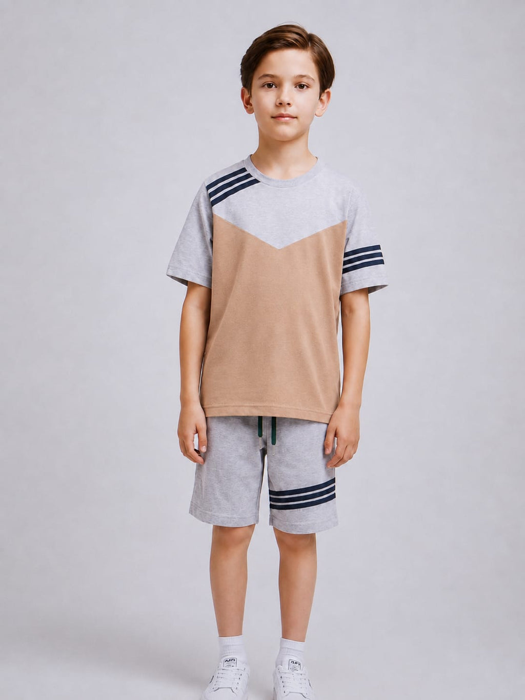 Ads Summer T Shirt & Short Suit For Kids-Grey with Light Brown, Blue Stripe-AA01
