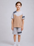 Ads Summer T Shirt & Short Suit For Kids-Grey with Light Brown, Blue Stripe-AA01