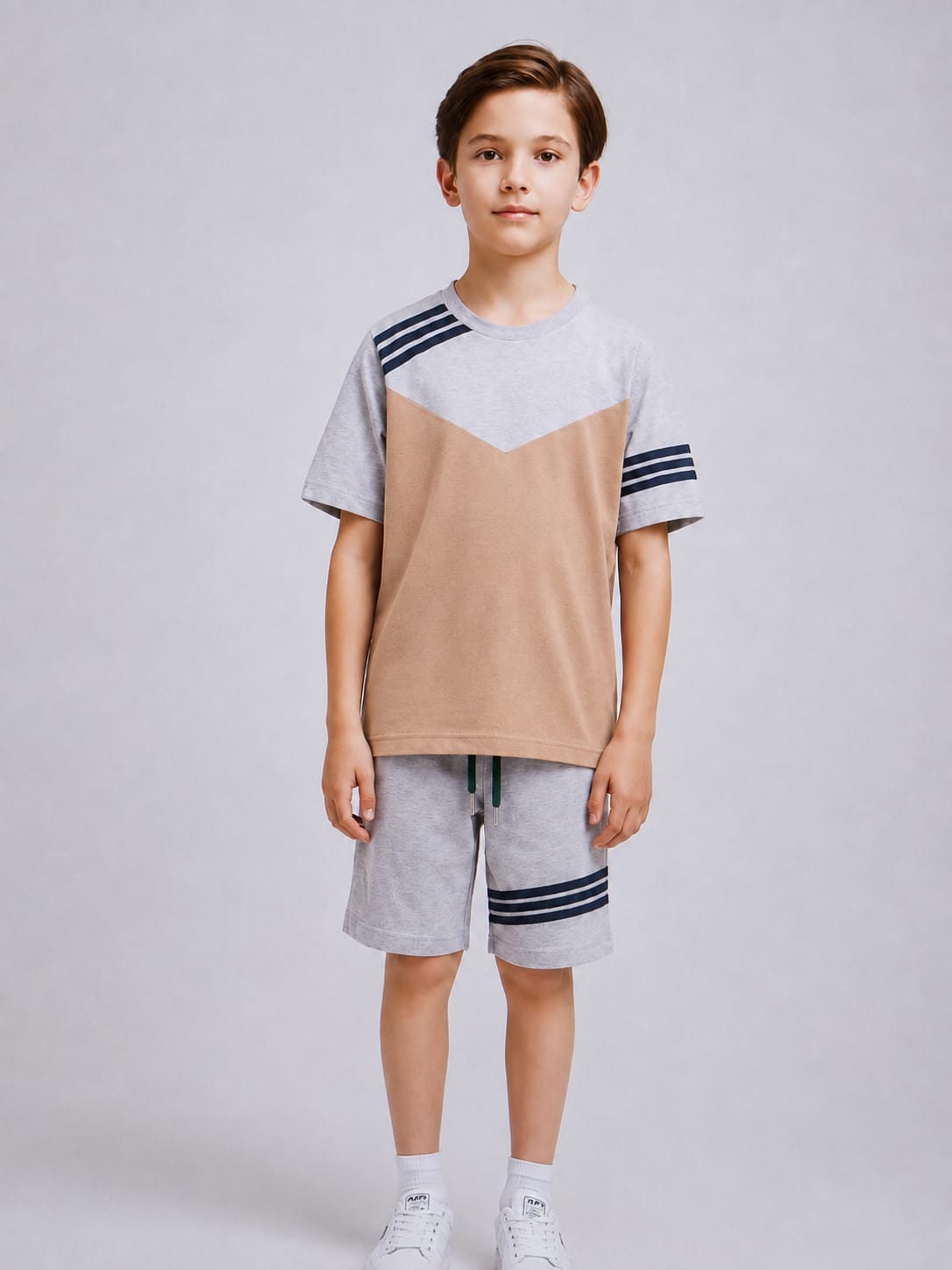 Ads Summer T Shirt & Short Suit For Kids-Grey with Light Brown, Blue Stripe-AA01