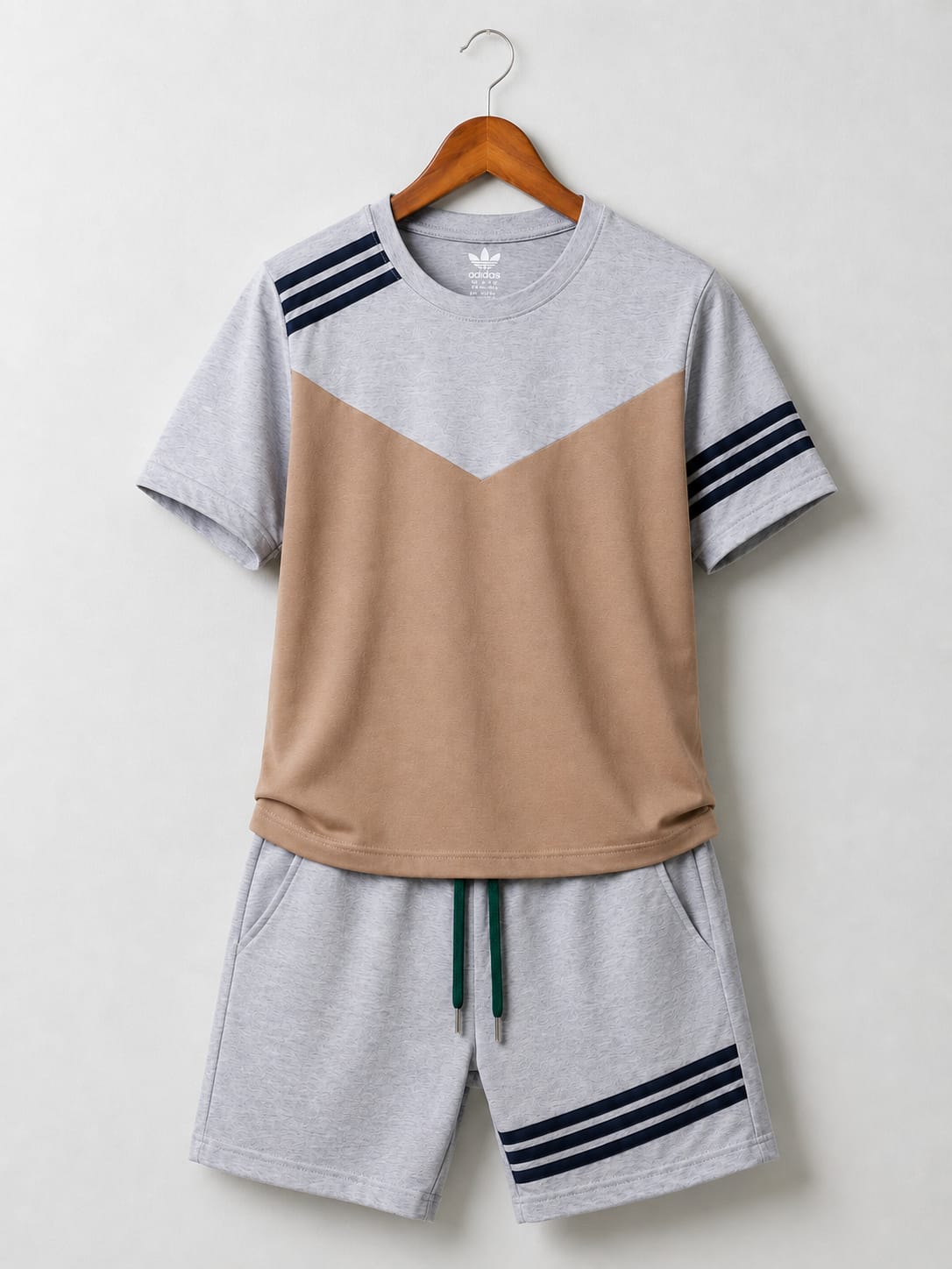 Ads Summer T Shirt & Short Suit For Kids-Grey with Light Brown, Blue Stripe-AA01