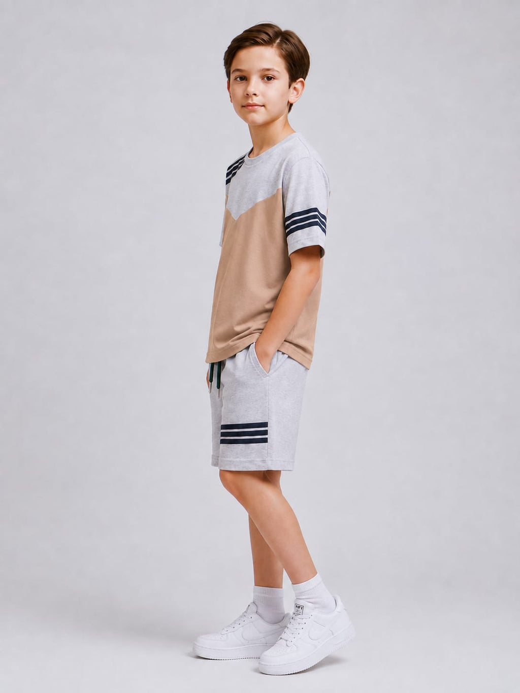 Ads Summer T Shirt & Short Suit For Kids-Grey with Light Brown, Blue Stripe-AA01