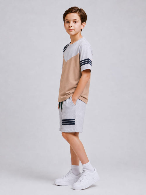Ads Summer T Shirt & Short Suit For Kids-Grey with Light Brown, Blue Stripe-AA01