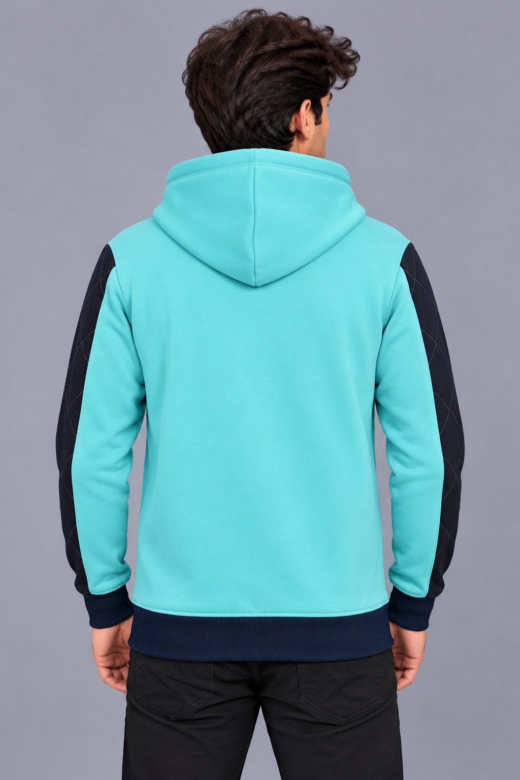 Premium Aqua & Navy Quilted Color Block Zip-Up Hoodie Jacket-Aqua Blue-MU34