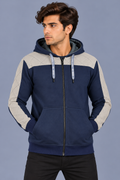 Men’s Navy Blue Hoodie with Beige Quilted Shoulder & Sleeve Panels – Back View-MU306
