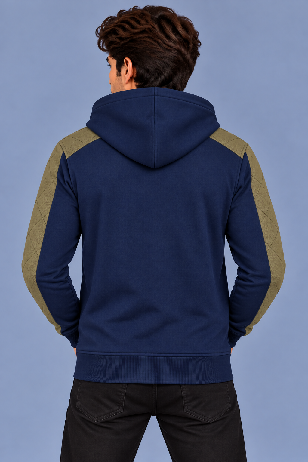 Men’s Navy Blue Hoodie with Olive Green Quilted Shoulder & Sleeve Panels-MU308