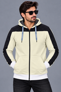 Men’s Cream & Black Quilted Panel Zip-Up Hoodie with White Ribbed Cuffs & Waist – Winter Wear-MU301
