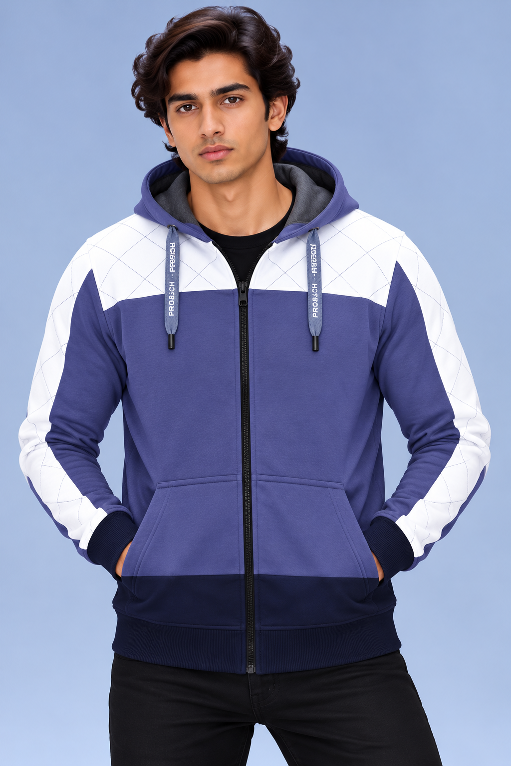 Men’s Stylish Zip-Up Hoodie with Contrast Sleeve Panels – Blue & White-MU296