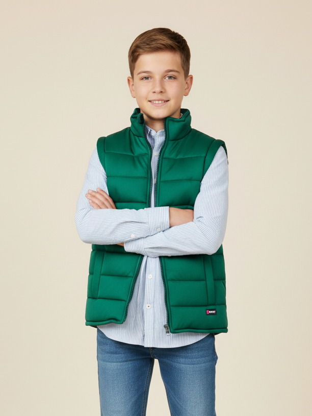 Stylish Sleeveless Winter Zipper Mockneck Jacket For Kids-Teal Green-RSJ10