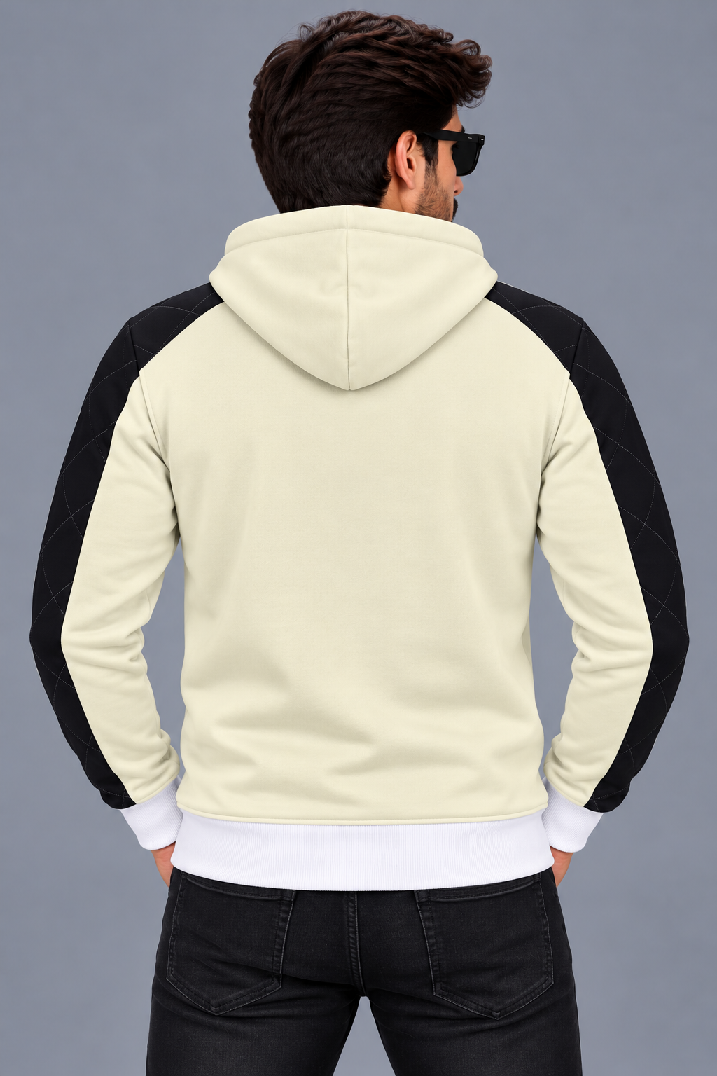 Men’s Cream & Black Quilted Panel Zip-Up Hoodie with White Ribbed Cuffs & Waist – Winter Wear-MU301