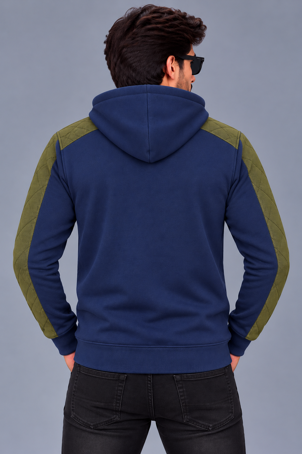 Men’s Navy Blue & Olive Green Quilted Shoulder Panel Zip-Up Hoodie – Stylish Winter Wear-MU304