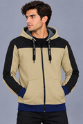 Premium Beige Color Block Quilted Zip-Up Hoodie Jacket-Sand Beige-MU32