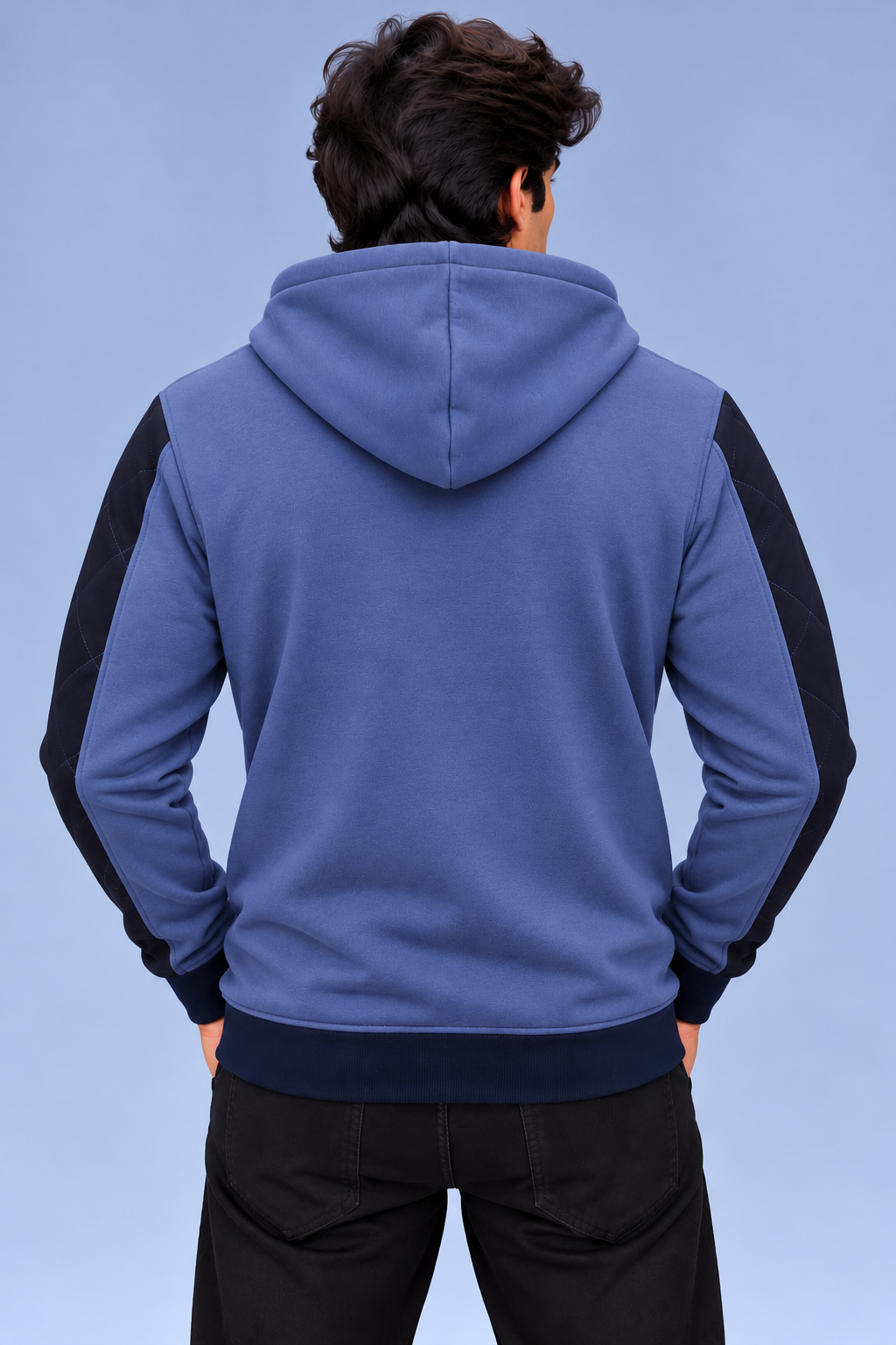 Men’s Stylish Zip-Up Hoodie – Dusty Blue with Black Quilted Sleeve Panels-MU297
