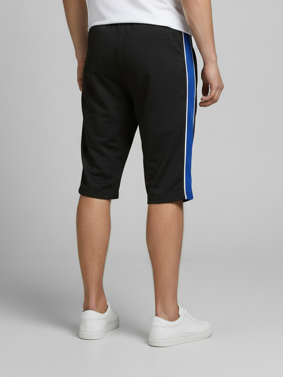 Stylish Knee Length Short For Men-Black With Royal Blue Stripe-BE7409