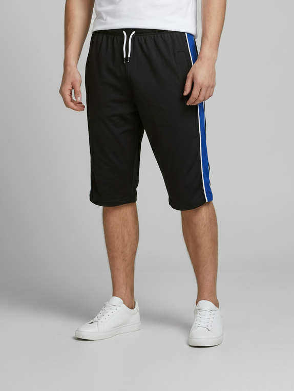 Stylish Knee Length Short For Men-Black With Royal Blue Stripe-BE7409