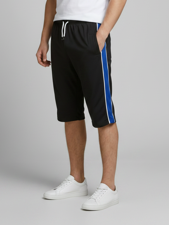 Stylish Knee Length Short For Men-Black With Royal Blue Stripe-BE7409
