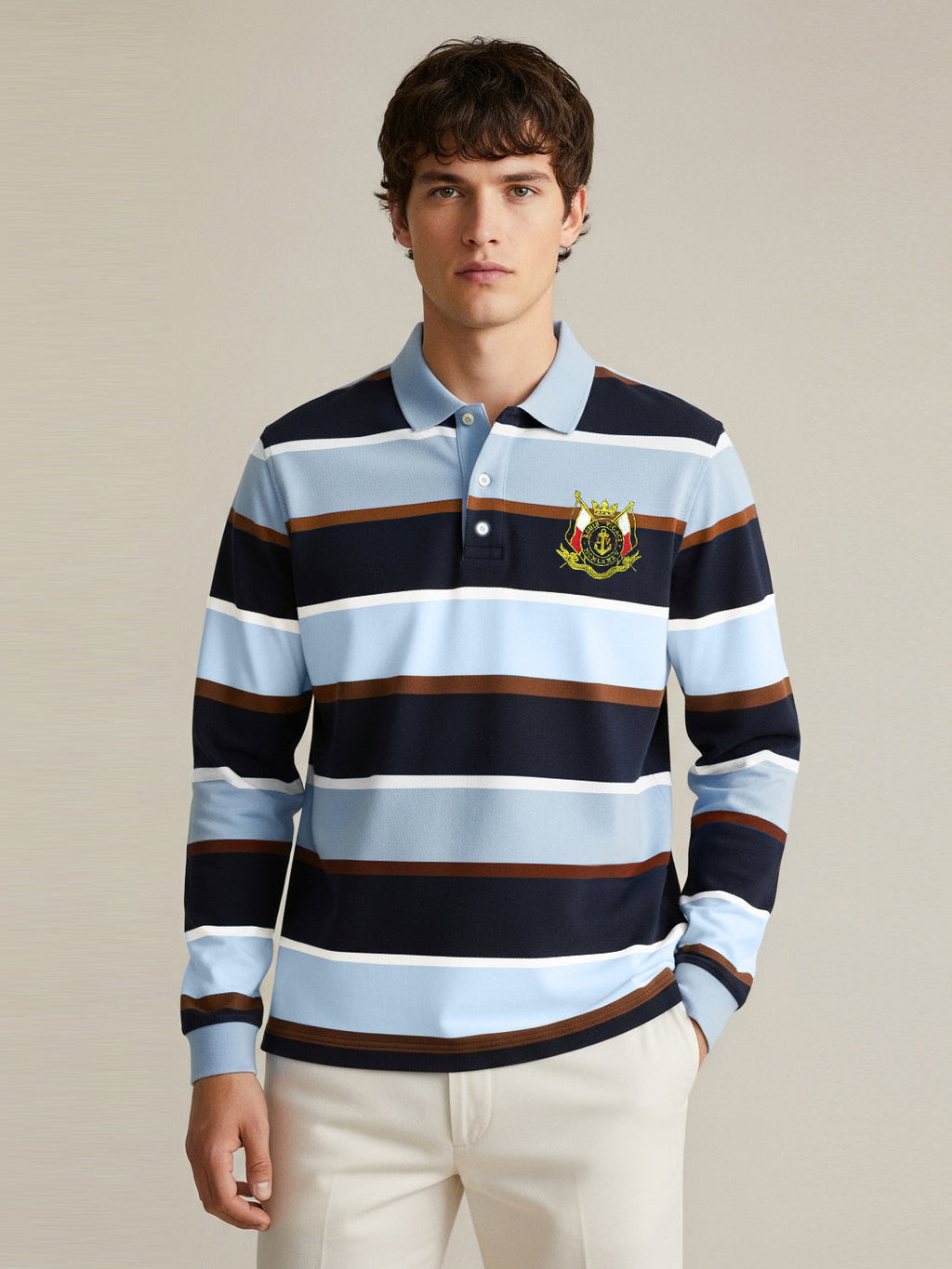 Louis Vicaci Long Sleeve Polo Shirt For Men-Sky with Navy Stripe-BR900