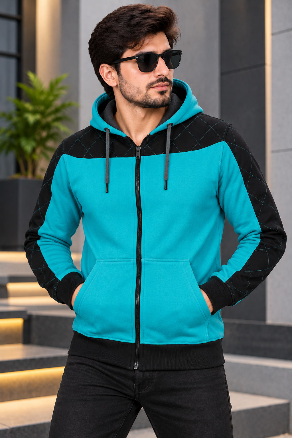 Men’s Teal & Black Quilted Panel Zip-Up Hoodie – Stylish Winter Jacket-MU298