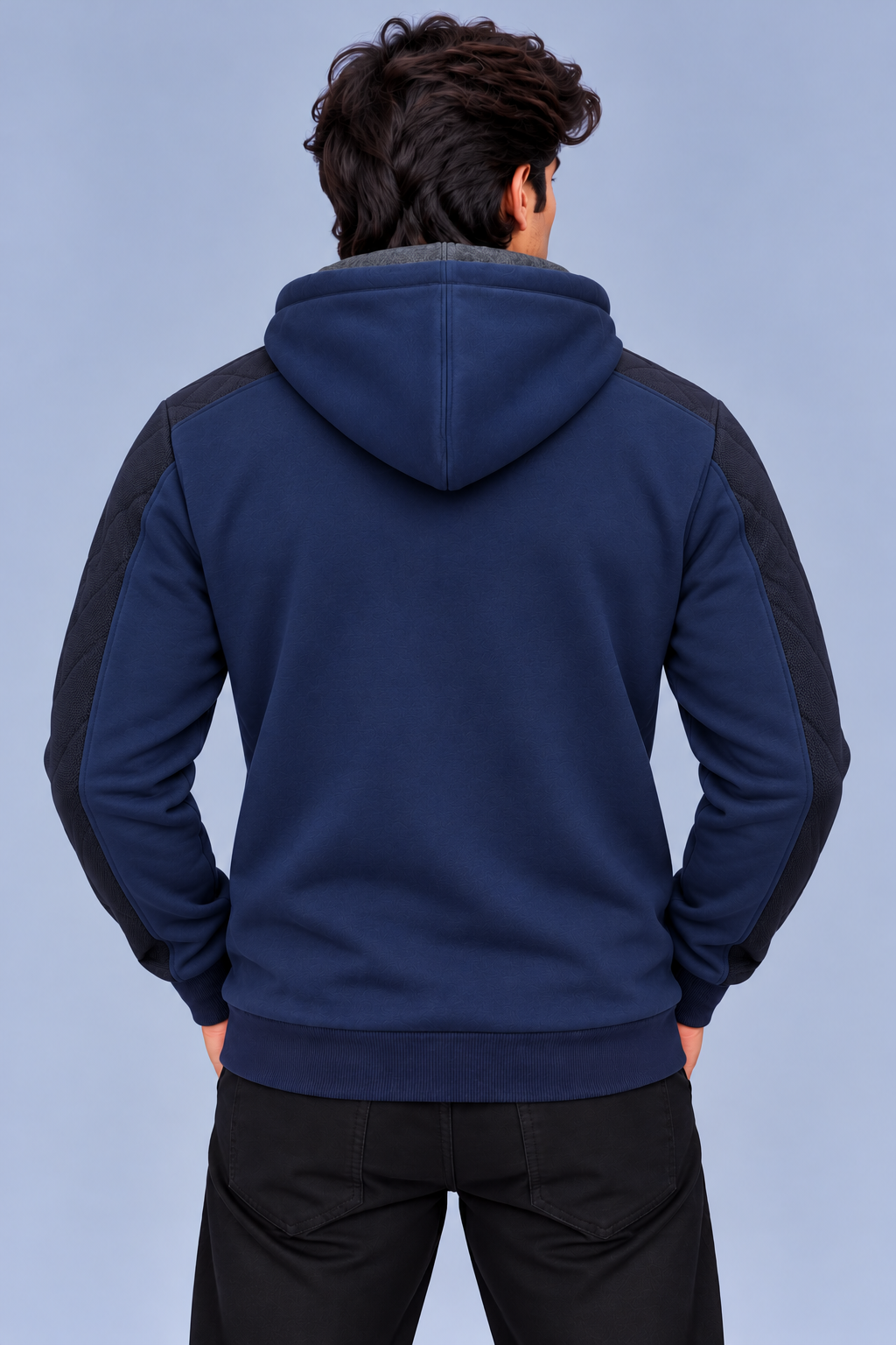 Men’s Navy Blue Zip-Up Hoodie with Quilted Shoulder & Sleeve Panels-MU293