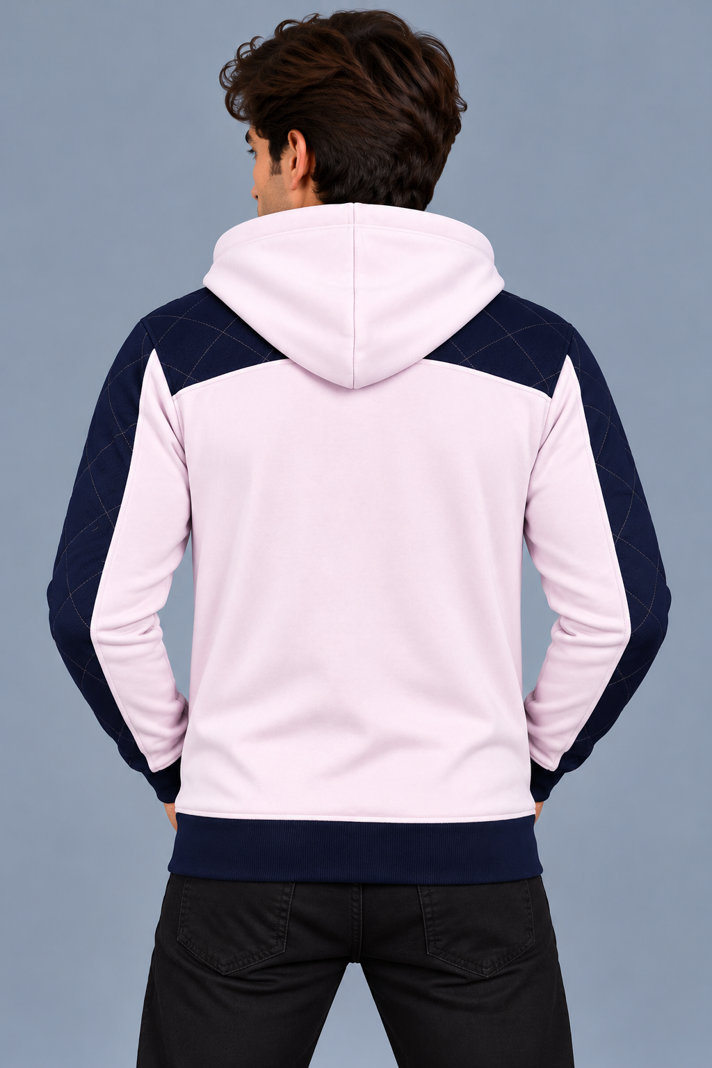 Men’s Navy Blue & Light Pink Contrast Panel Zipper Hoodie – Stylish Winter Wear-MU312