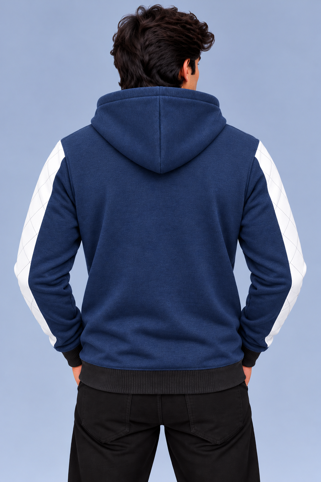 Men’s Navy Blue Hoodie with White Quilted Sleeve Panels-MU295