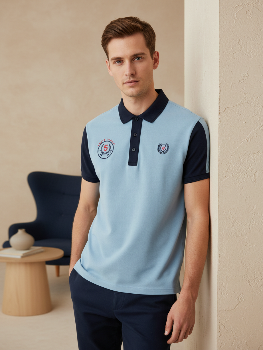 LV Summer Polo Shirt For Men-Bright Blue & Dark Navy-SP1572/RT2374