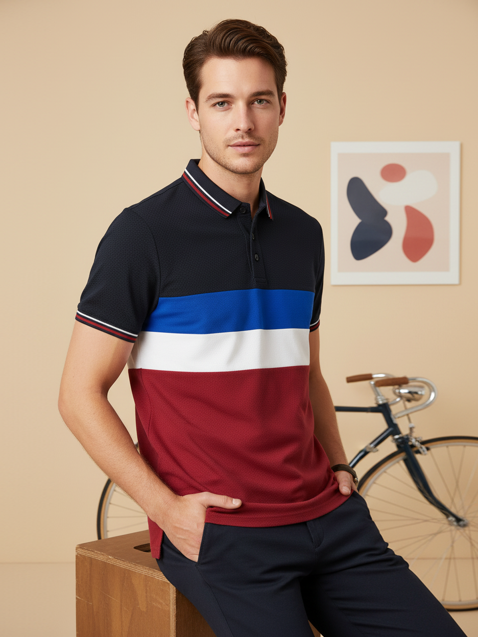 LV Summer Dry Fit Polo Shirt For Men-Dark Navy with Red & White, Blue Panels-BE1311/BR13556