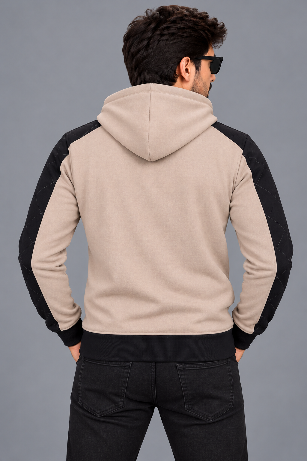 Men’s Beige & Black Quilted Panel Zip-Up Hoodie – Stylish Winter Jacket-MU299